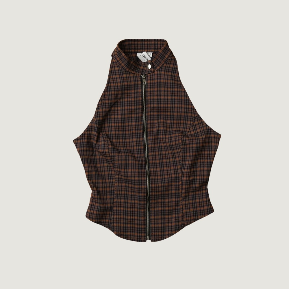 COLLUSION Halter Top Brown Plaid Zip Front Mock Neck Dark Academia 4 Streetwear